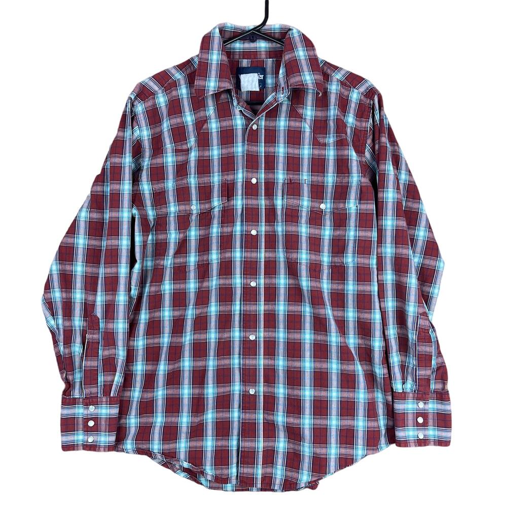 Wrangler Mens Shirt Maroon Blue Plaid Pearl Snap Long Sleeve Western Medium